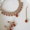 Teardrop CZ necklace set with matching earrings and tikka, Indian Pakistani bridal cubic zirconia jewelry for weddings.