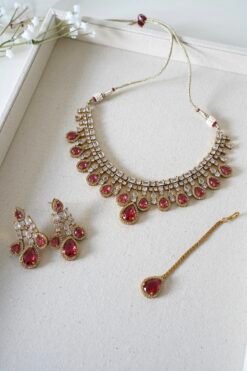Teardrop CZ necklace set with matching earrings and tikka, Indian Pakistani bridal cubic zirconia jewelry for weddings.