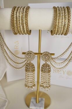 Long Jhumka with Earchain and Bangle Set - Gold