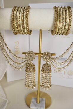 Long Jhumka with Earchain and Bangle Set - Gold