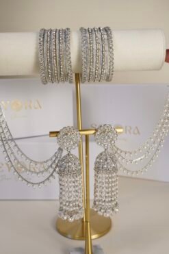 Long Jhumka with Earchain and Bangle Set - Silver