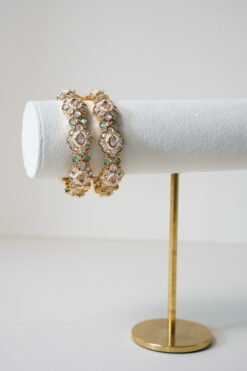 Mint Pink Floral Kundan Bangles