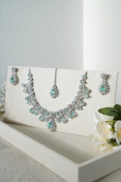 indian AD necklace set bridal jewelry CZ necklace set Silver tone Indowestern indian jewelry statement AD necklace set for wedding bridal CZ necklace set with intricate design Mint CZ Necklace Set Bridal