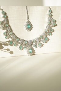 indian AD necklace set bridal jewelry CZ necklace set Silver tone Indowestern indian jewelry statement AD necklace set for wedding bridal CZ necklace set with intricate design Mint CZ Necklace Set Bridal