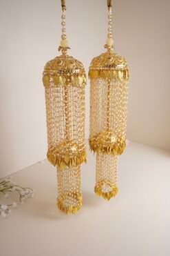 Punjabi South asian Golden wedding kaleerey with dangling leaves and pearl details