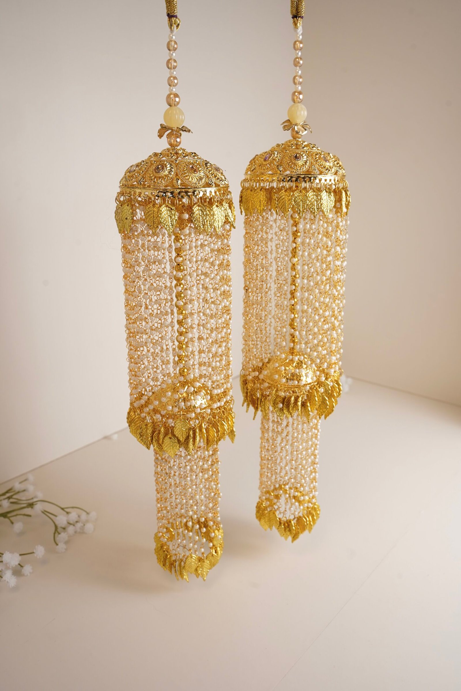 Punjabi South asian Golden wedding kaleerey with dangling leaves and pearl details