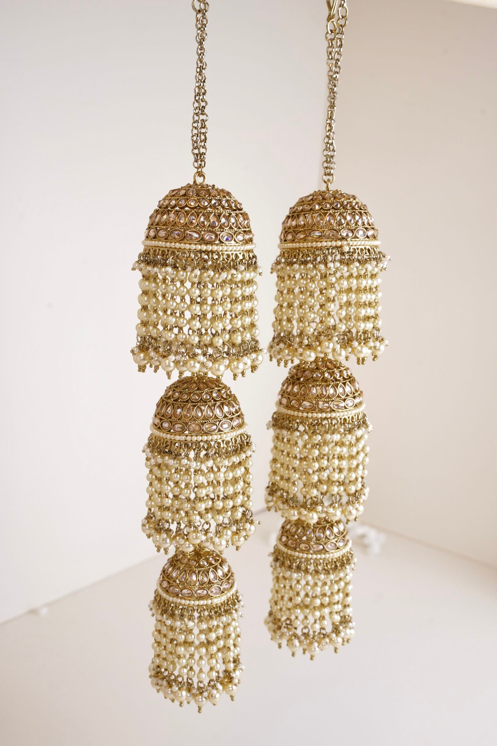 South Asian bridal kaleerey with cascading pearl jhumkis