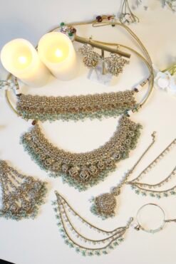 Pakistani bridal set with passa jhoomar and ear chain, detailed wedding jewelry design