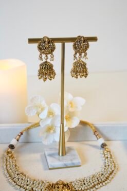 Temple necklace set paired with matching earrings, perfect for weddings and festivals
