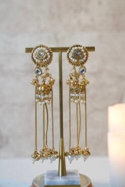 Long Kashmiri earrings with intricate traditional design, perfect for weddings, bridal events, and festive occasions