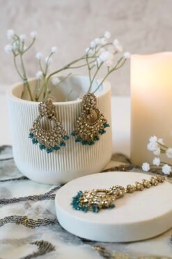 Indian Pakistani Zircon stone earring and tikka set with sparkling finish in traditional yet modern design