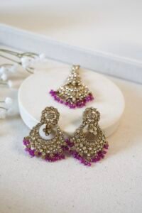 Indian Pakistani Zircon stone earring and tikka set with sparkling finish in traditional yet modern design