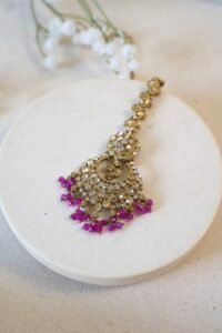 Indian Pakistani Zircon stone earring and tikka set with sparkling finish in traditional yet modern design