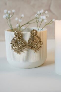 Indian Pakistani Zircon stone earring and tikka set with sparkling finish in traditional yet modern design