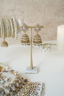 Two-layer Indian Pakistani bridal necklace set with clear stones and pearls featuring matching earrings and tikka, adjustable drawstring design for versatile styling