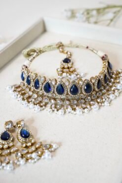 Simran necklace set in royal deep blue with matching earrings and tikka,