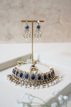 Simran necklace set in royal deep blue with matching earrings and tikka,