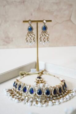 Simran necklace set in royal deep blue with matching earrings and tikka,