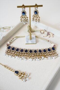 Simran necklace set in royal deep blue with matching earrings and tikka,