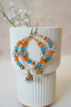 Multicolor jhumka hoop earrings with vibrant stones, perfect for mehendi night and festive occasions