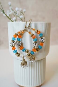 Multicolor jhumka hoop earrings with vibrant stones, perfect for mehendi night and festive occasions
