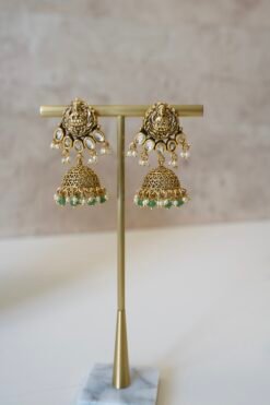Temple style Kundan necklace set with green stones and matching earrings in gold finish