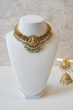 Temple style Kundan necklace set with green stones and matching earrings in gold finish