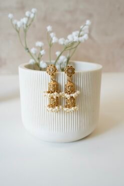 Gold tone mini multi jhumka necklace set with matching earrings, featuring delicate hanging jhumka drops for a traditional yet modern look