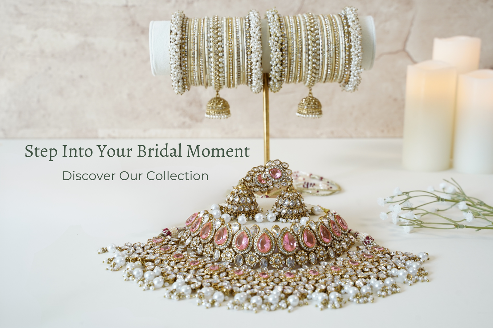 Indian bridal double layer necklace set featuring intricate gold-toned detailing and sparkling pink stones, perfect for brides, weddings and festive occasions