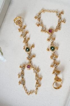 Adjustable gold haathphool hand jewelry with intricate ethnic design, perfect for Indian and Pakistani bridal wear