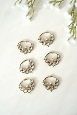 Traditional Kundan nath with a dark antique mehndi finish polish and classic stone detailing by Seyora Jewels.