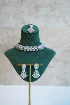 Indian Pakistani necklace set with matching sparkly drop earrings and traditional maang tikka for eid and festive events.