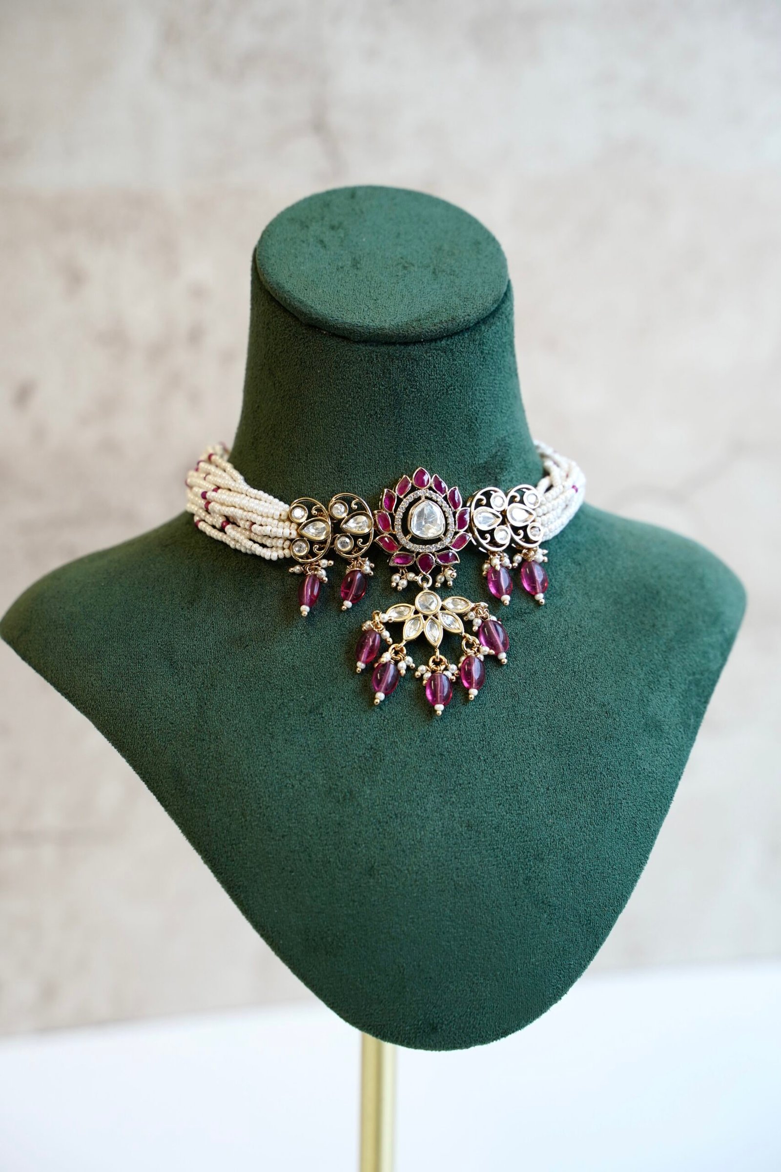 Lotus Purple Kundan Beaded Choker Set - Image 2