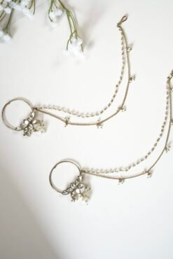 Mehndi polish Kundan nath featuring a lotus design, hanging pearl, and two-layer pearl chain by Seyora Jewels.