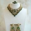 Lightweight green artificial Kundan necklace set with matching drop earrings and Maang Tikka for South Asian weddings.