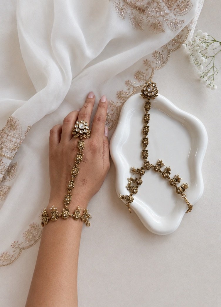 Seyora Jewels Diya floral Kundan hathpan hand chain featuring a kundan-studded flower ring and a detailed connecting chain linked to an adjustable wrist strap.