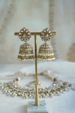 Seyora Jewels Tanya necklace set featuring champagne stones and delicately hanging pearl beads with matching jhumka earrings and maang tikka.