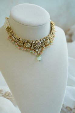 Somya pastel beaded kundan necklace set with matching earrings and tikka - mint and pink South Asian jewelry set