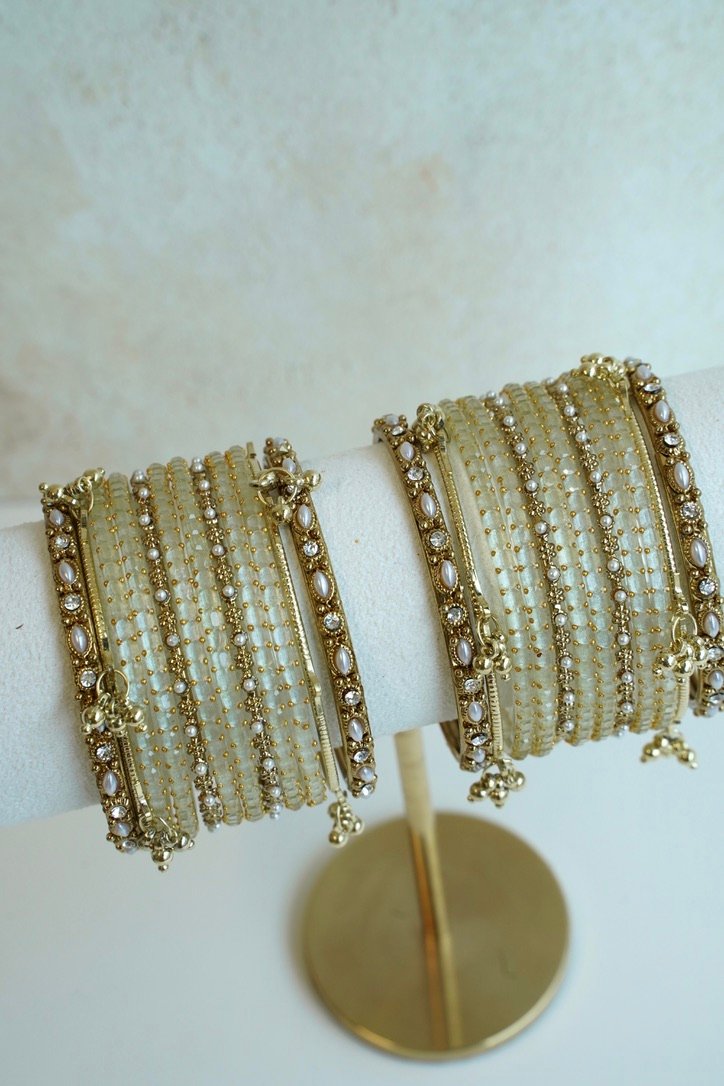 Cream Glass Bangle Set with Accent Kadas and Ghungroos - Image 2